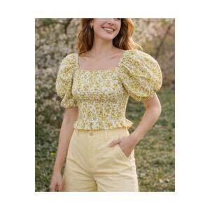 J Crew Liberty Fabric Top Womens Size 6 Yellow Floral Smocked Puff Sleeve TAGS